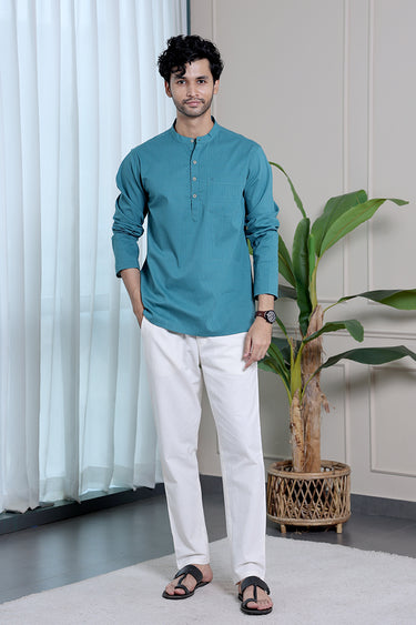 Teal Blue Dyed Cotton Misdent Men Short Kurta