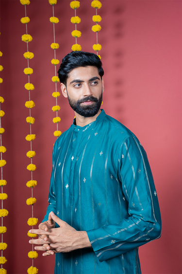 Teal Blue Jaquard Banarasi Silk Men Long Kurta
