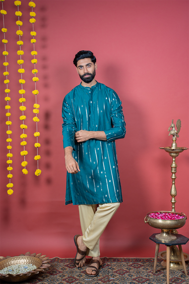 Teal Blue Jaquard Banarasi Silk Men Long Kurta