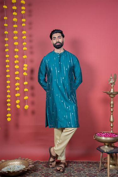 Teal Blue Jaquard Banarasi Silk Men Long Kurta
