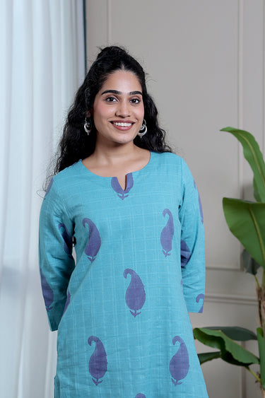 Teal Blue Sanganeri Natural Cotton Linen Women Long Kurta