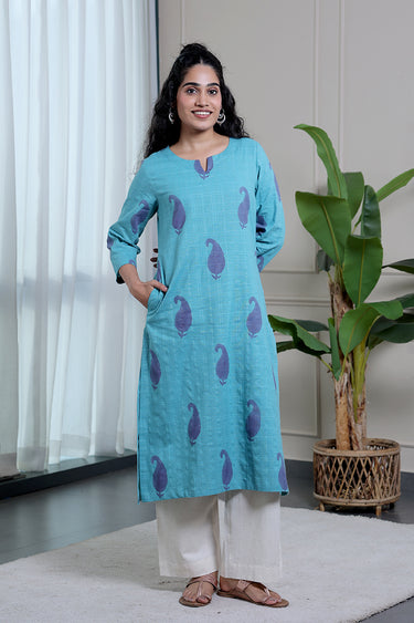 Teal Blue Sanganeri Natural Cotton Linen Women Long Kurta