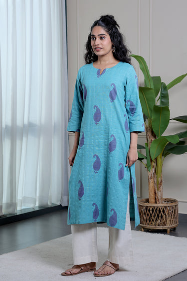 Teal Blue Sanganeri Natural Cotton Linen Women Long Kurta