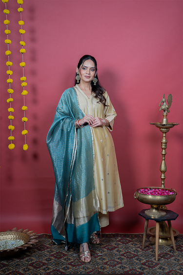 Teal Blue Zari Stripes Chanderi Silk Dupatta