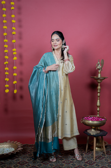 Teal Blue Zari Stripes Chanderi Silk Dupatta