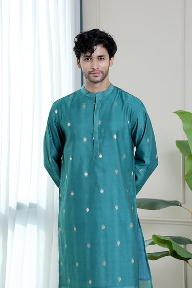 Teal Green Jaquard Banarasi Silk Men Long Kurta