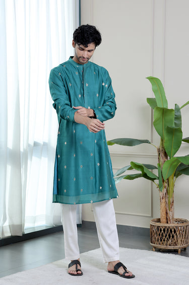 Teal Green Jaquard Banarasi Silk Men Long Kurta