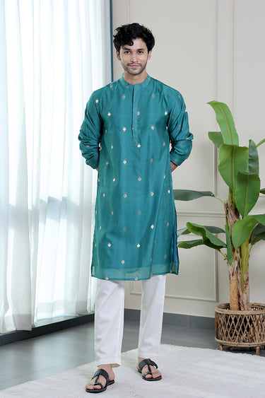 Teal Green Jaquard Banarasi Silk Men Long Kurta