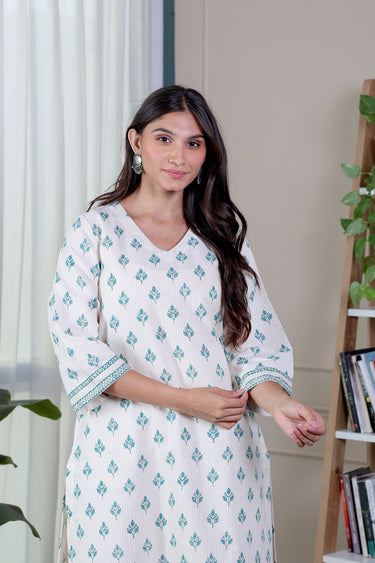 Teal Green Sanganeri Fine Cotton Flax Women Long Kurta