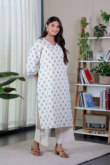 Teal Green Sanganeri Fine Cotton Flax Women Long Kurta