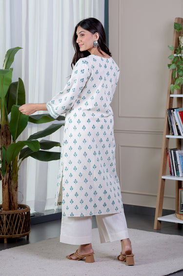 Teal Green Sanganeri Fine Cotton Flax Women Long Kurta