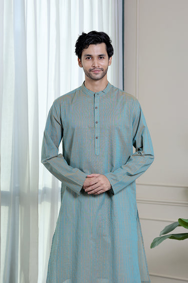 Teal Green Zari Stripes South Cotton Men Long Kurta