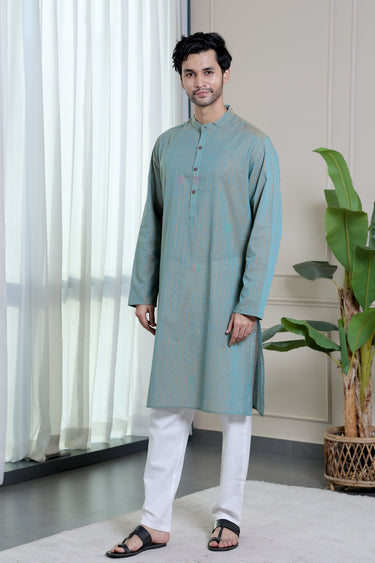 Teal Green Zari Stripes South Cotton Men Long Kurta