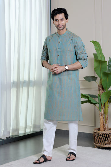 Teal Green Zari Stripes South Cotton Men Long Kurta