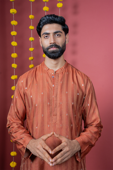 Terracotta Brown Jaquard Stripes Banarasi Silk Men Long Kurta