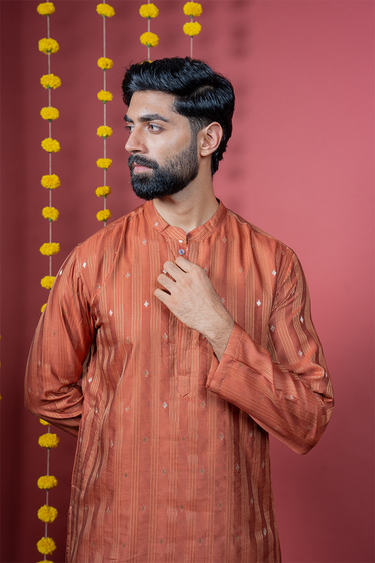 Terracotta Brown Jaquard Stripes Banarasi Silk Men Long Kurta