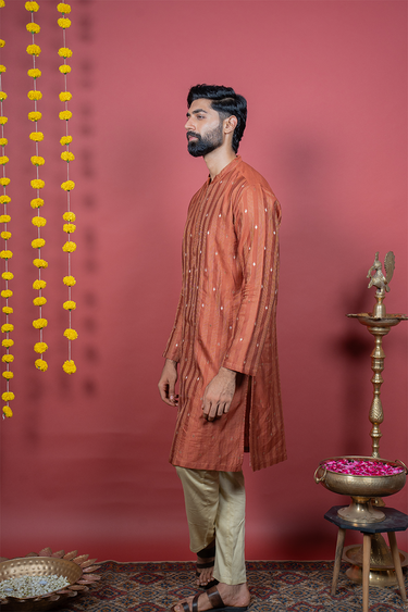 Terracotta Brown Jaquard Stripes Banarasi Silk Men Long Kurta
