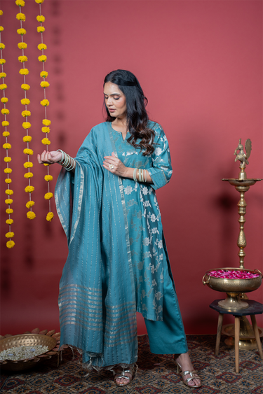 Topaz Blue Dyed Banarasi Silk Women Long Kurta