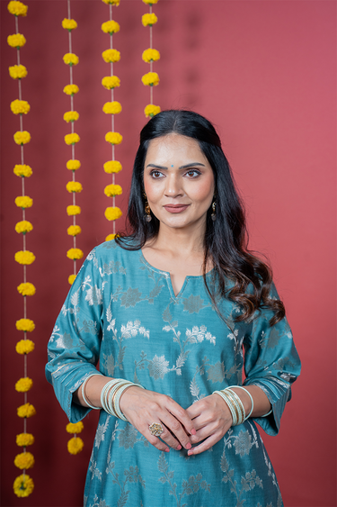 Topaz Blue Dyed Banarasi Silk Women Long Kurta