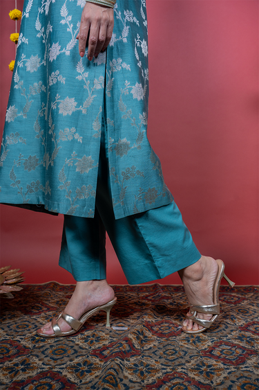 Topaz Blue Dyed Cotton Satin Women Flared Pant