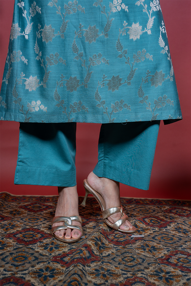 Topaz Blue Dyed Cotton Satin Women Flared Pant