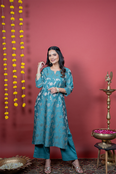 Topaz Blue Dyed Cotton Satin Women Flared Pant