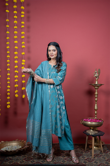 Topaz Blue Zari Stripes Chanderi Silk Dupatta