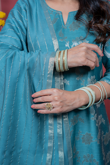 Topaz Blue Zari Stripes Chanderi Silk Dupatta