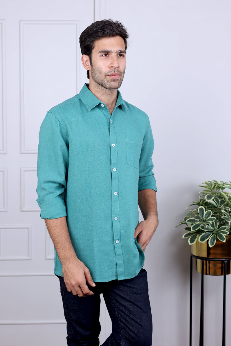 Turquoise Hand Dyed Lyocell Linen Shirt Full Sleeves MSHFS03242