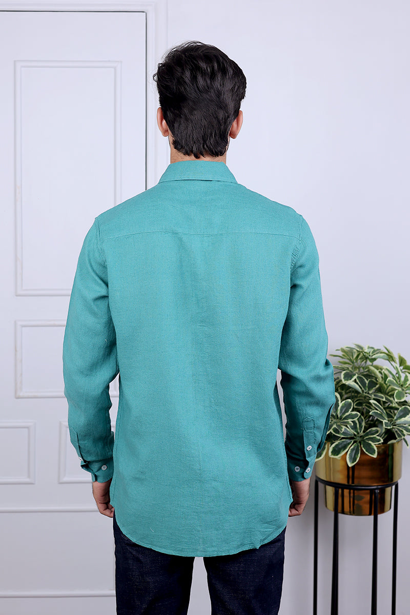 Turquoise Hand Dyed Lyocell Linen Shirt Full Sleeves MSHFS03242