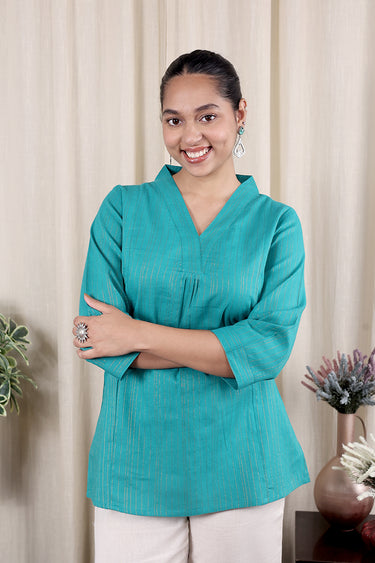 Turquoise Zari Stripes South Cotton Women Kurti Long Sleeves WKILS251C20.