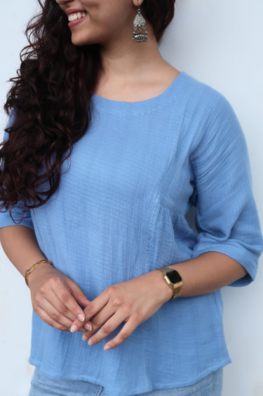 Powder Blue Hand Dyed Cotton Double Cloth Women Short Top Long Sleeves WSTLS252C8