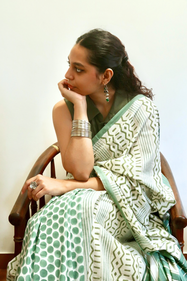 Green Sanganeri Cotton Small Checks Saree SAREE251C27