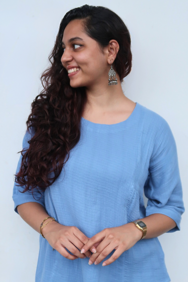 Powder Blue Hand Dyed Cotton Double Cloth Women Short Top Long Sleeves WSTLS252C8