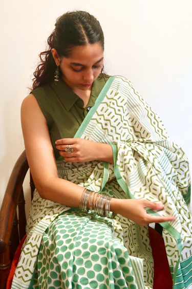Green Sanganeri Cotton Small Checks Saree SAREE251C27
