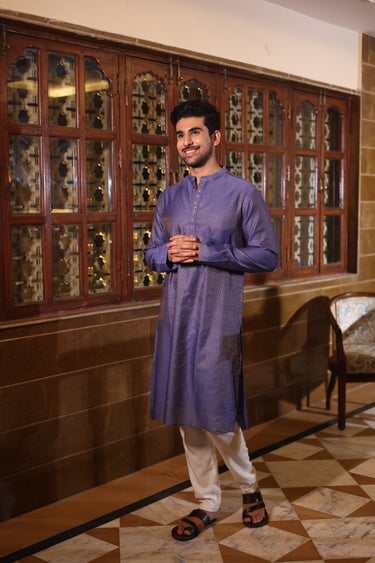 Midnight Blue Mukaish Work Chanderi Silk Men Long Kurta Full Sleeves MLKFS252C39