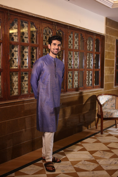 Midnight Blue Mukaish Work Chanderi Silk Men Long Kurta Full Sleeves MLKFS252C39