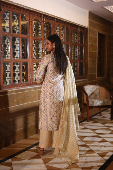 Beige Sanganeri Chanderi Silk Dupatta DUPAT252C33