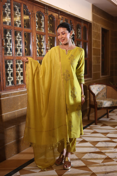 Olive Rib Zari Stripes Chanderi Silk Dupatta DUPAT252C15