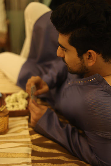 Midnight Blue Mukaish Work Chanderi Silk Men Long Kurta Full Sleeves MLKFS252C39