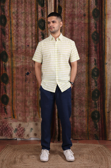 Green Sanganeri Cotton Flax Men Shirt Half Sleeves MSHHS251C27