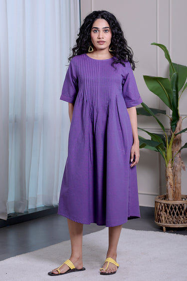 Violet Yarn Dyed Fine Cotton Women Midi Dress