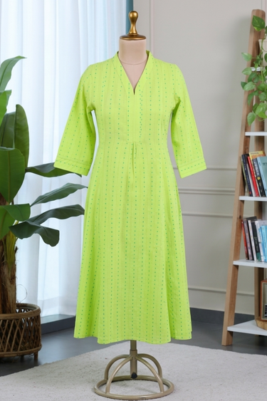 Bright Green Dobby South Cotton Women Ankle Kurta