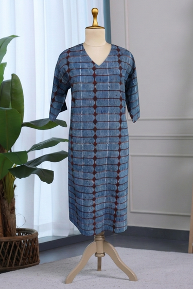 Indigo Ajrakh Cotton Slub Women Midi Dress