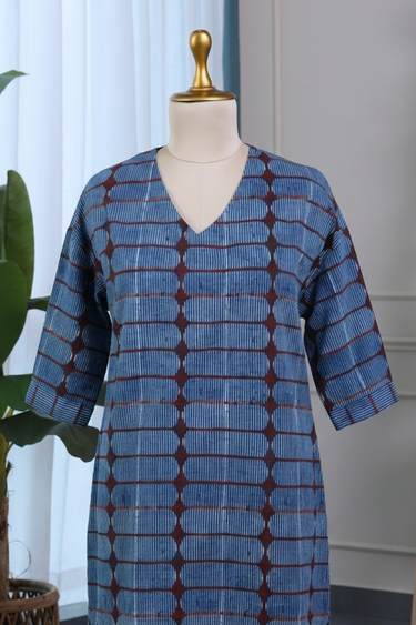 Indigo Ajrakh Cotton Slub Women Midi Dress