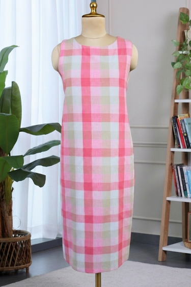 Red Peach Checks Cotton Women Midi Dress