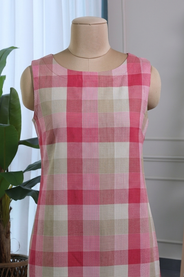 Red Peach Checks Cotton Women Midi Dress