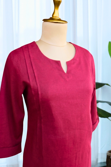 Berry Red Dyed Classic Cotton Linen Women Kurti