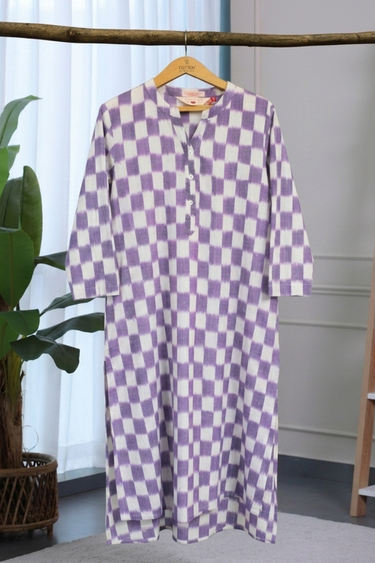 Purple Single Ikkat 40 Cotton Women Long Kurta