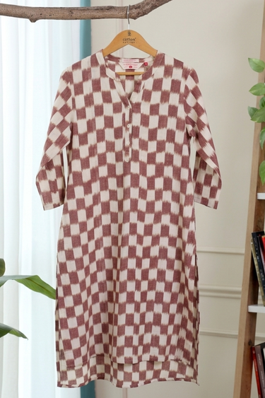 Brown Single Ikkat 40 Cotton Women Long Kurta
